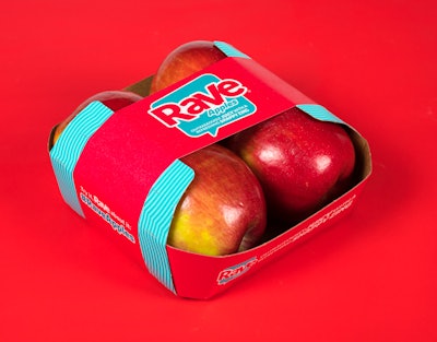 The EZ Band comprises a paperboard tray that holds four apples coupled with a paper band that encircles the tray top to bottom.