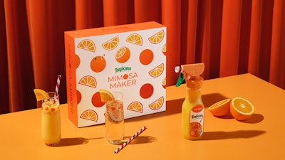 The full set, sent to influencers, includes a 12-oz can of OJ, two iconic read and white straws, two Champagne flutes, and a new trigger spray bottle cap and closure that allows personalized dosing.