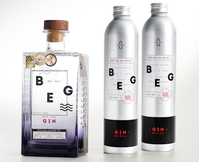 At 48-g, BEG Distilaria’s 500-mL aluminum refill bottle is nine times lighter than a glass bottle, greatly reducing GHGs from transport versus the distillery’s custom-molded heavy glass bottle.
