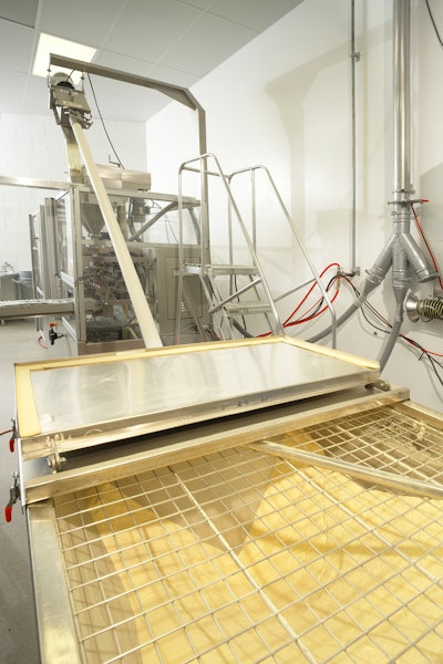 The flexible screw conveyor transports cholestyramine resin, a difficult-to-move powder, to the pouch filling machine.