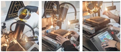 Heated cannabis oil pours easily into the heated reservoir of the Thompson Duke IZR high-capacity automatic filling machine. On the machine, tooling holding fill-ready cartridges is secured to a Festo EXCM X-Y table. A touchscreen HMI allows the operator to control and optimize the process through a simple menu of commands.