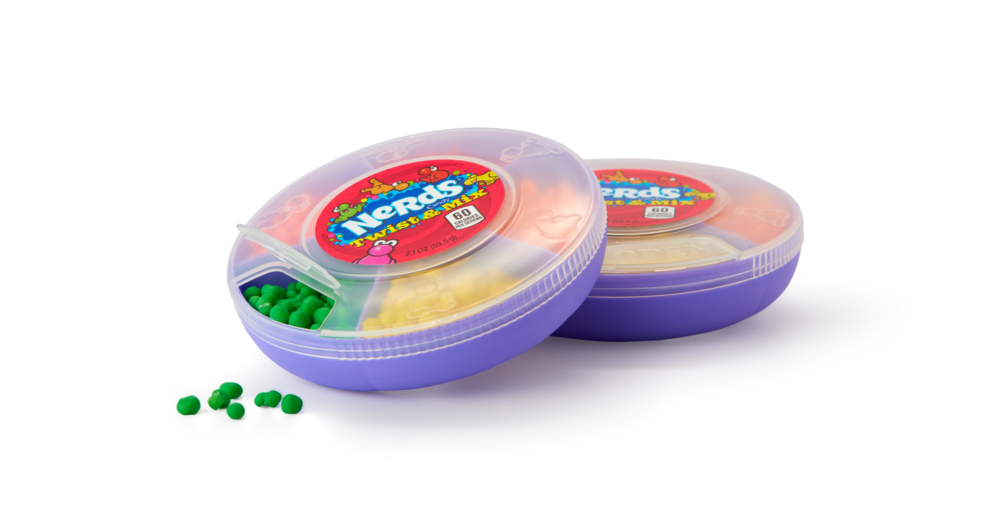 The colorful new container holds 2.1 oz of strawberry-, orange-, watermelon-, cherry-, and lemonade-flavored Original Nerds candies, or one mini box (12 g) of each.