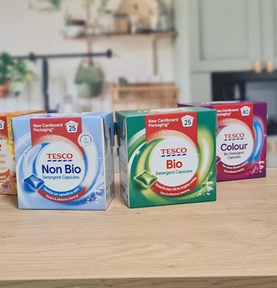 Tesco's own-brand laundry pods will now be packaged in recyclable board.