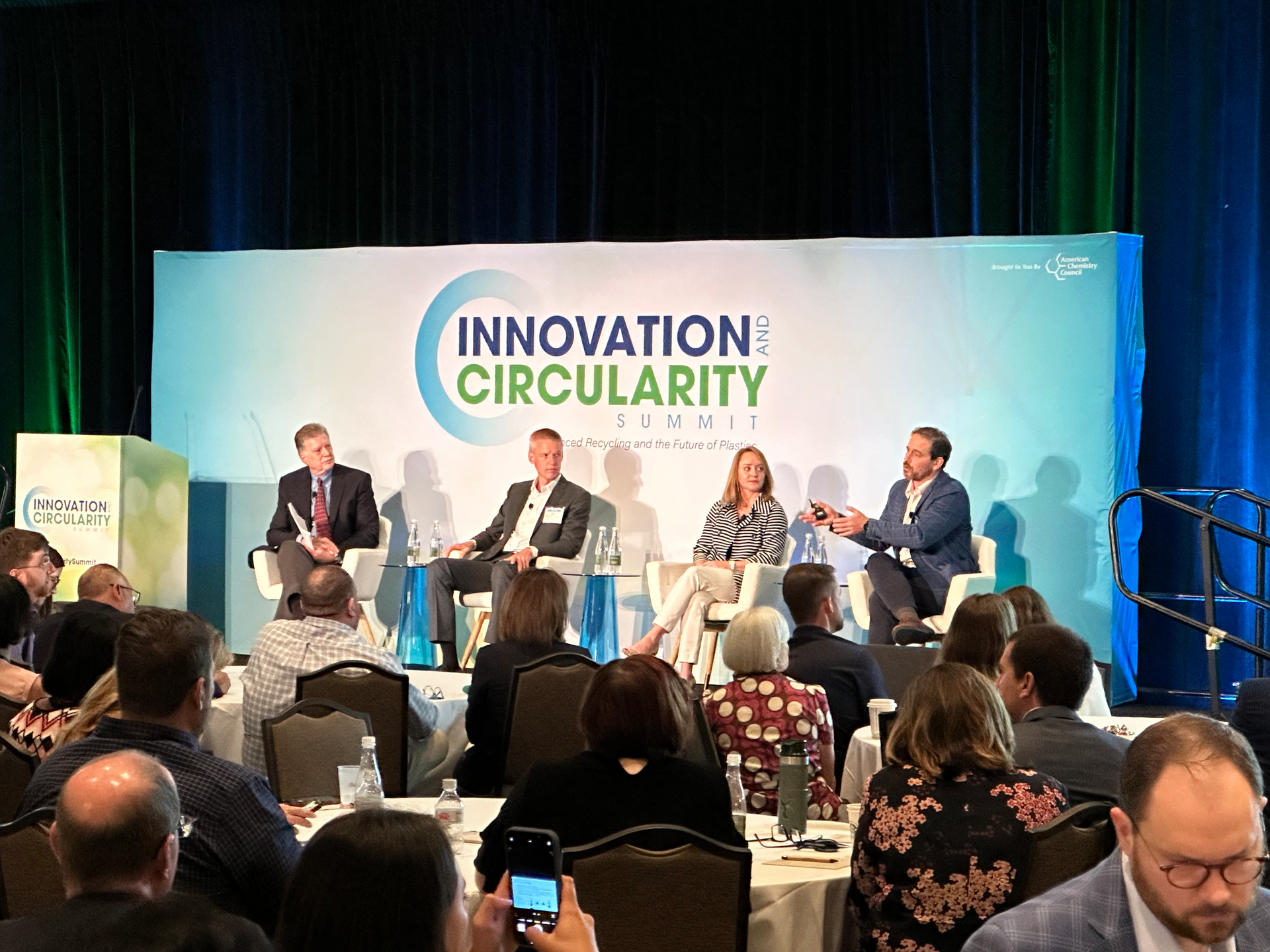 (from left) Ron Cotterman, VP, Global Corporate Affairs, SEE; Dr. Jan Henke, Director, ISCC; Diane Marret, Sustainability Director, Consumer Packaging NA, Berry Global, Inc.; and Matt Rudolf VP, International Business Development, SCS Global Services