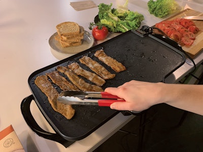 MyBacon cooks and sizzles much like pork-based bacon, with coconut oil used to simulate fat properties.