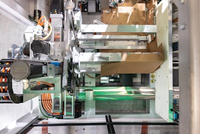 Cases are essentially formed from rollstock of contiguous corrugated, with four different fanfold widths being infed into the system.