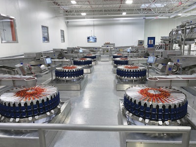 One floor above the twin baggers are eight 36-bucket combination scales that drop gummies down into the form/fill/seal baggers.