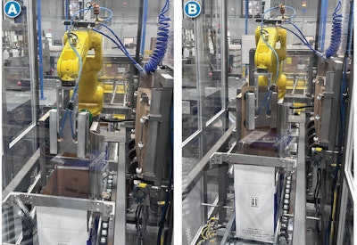 A robotic arm with suction grip (A) picks a 2D partition blank from a magazine, and (B) bends the partition into a 3D ‘Z’ shape around a flat mandrel before plunging the partition into the waiting erected case below.