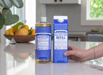 Dr. Bronner's new soap refill carton uses 82% less plastic than the company's standard bottles.