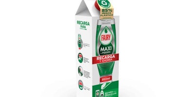 Procter & Gamble Spain's Fairy Maxi Power dish soap bottles can now be refilled with a board refill carton.