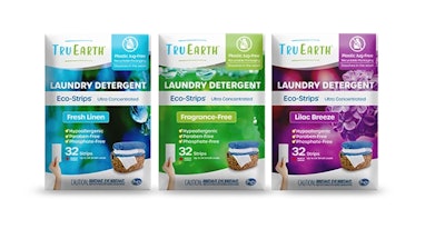 Tru Earth’s line of concentrated laundry detergent strips is packaged in plastic-free paperboard envelopes.