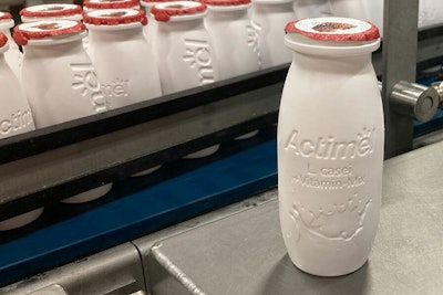 Danone has swapped the PET labels with embossing on its Actimel brand drinks.