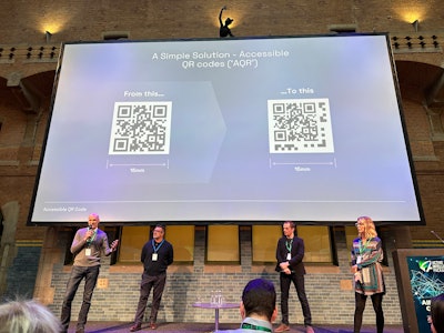 (from left) Caspar Thykier of Zappar, Mark Hewitt of Connected Experience Consulting (CEC), Marc Powell of the Royal National Institutes of the Blind, and Sarah Masters of Unilever highlighted the ongoing efforts to make product information more accessible to the visually impaired community through the use of QR code technology.