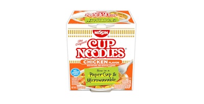 The new paper cup for Nissin Foods' Cup Noodles will be made with 40% recycled fiber, will no longer require a plastic wrap, and will feature a sleeve made with 100% recycled paper.