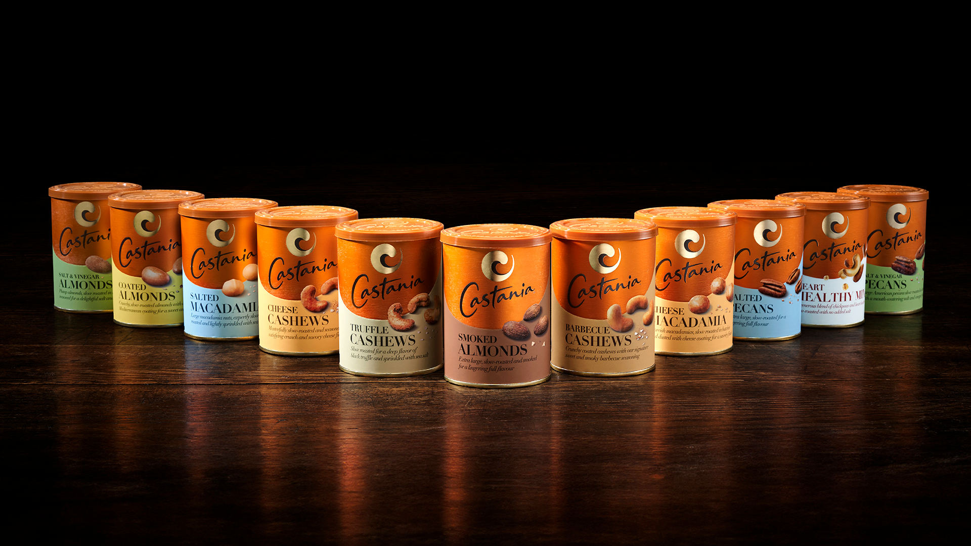 Castania's redesigned nut packaging features copper coloring as a nod to the brand's copper roasting drums.