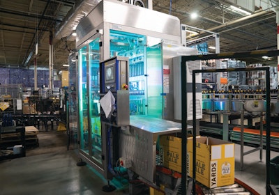 A box shop from Pearson feeds erected 12-pack corrugated cases to the Unipack 2.0.
