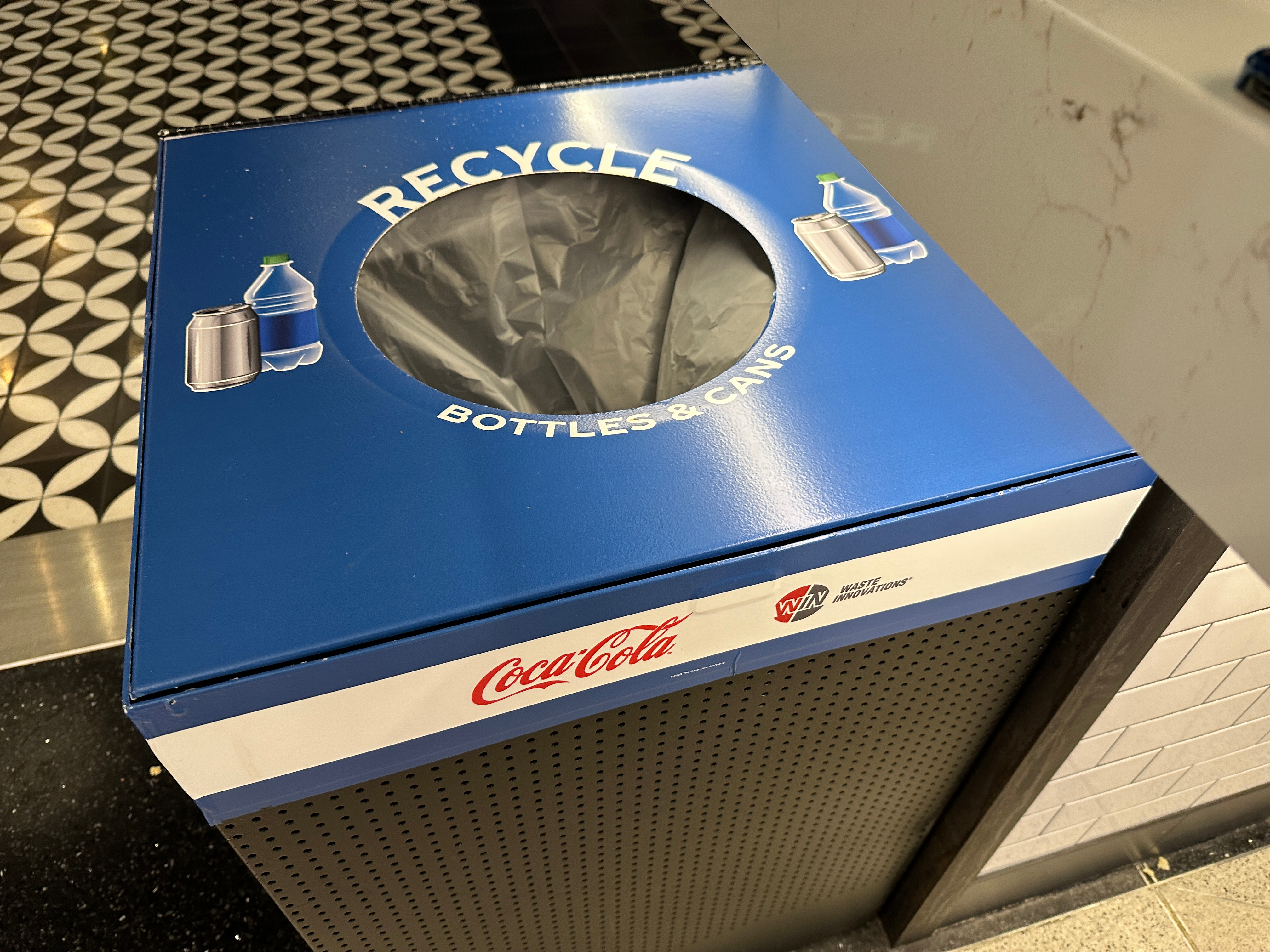 Spotted at the Sweet 16 in Boston, bin messaging clearly delineating PET bottles and aluminum cans as recyclable. The Final Four took this campaign to the next level, and it should be an ongoing, self-sustaining effort for the venues for the foreseeable future.