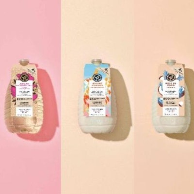 Yves Rocher's new reusable packaging uses four times less plastic than conventional 400ml bottles.