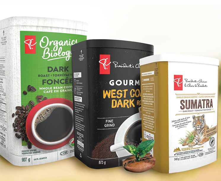 Shown here are three sizes of the innovative canister filled by Club Coffee under the President&rsquo;s Choice brand.