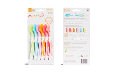 For product categories such as these infant spoons, Munchkin is using a new paper cable tie with a molded pulp backing plate to hold the products in place on the blister card.