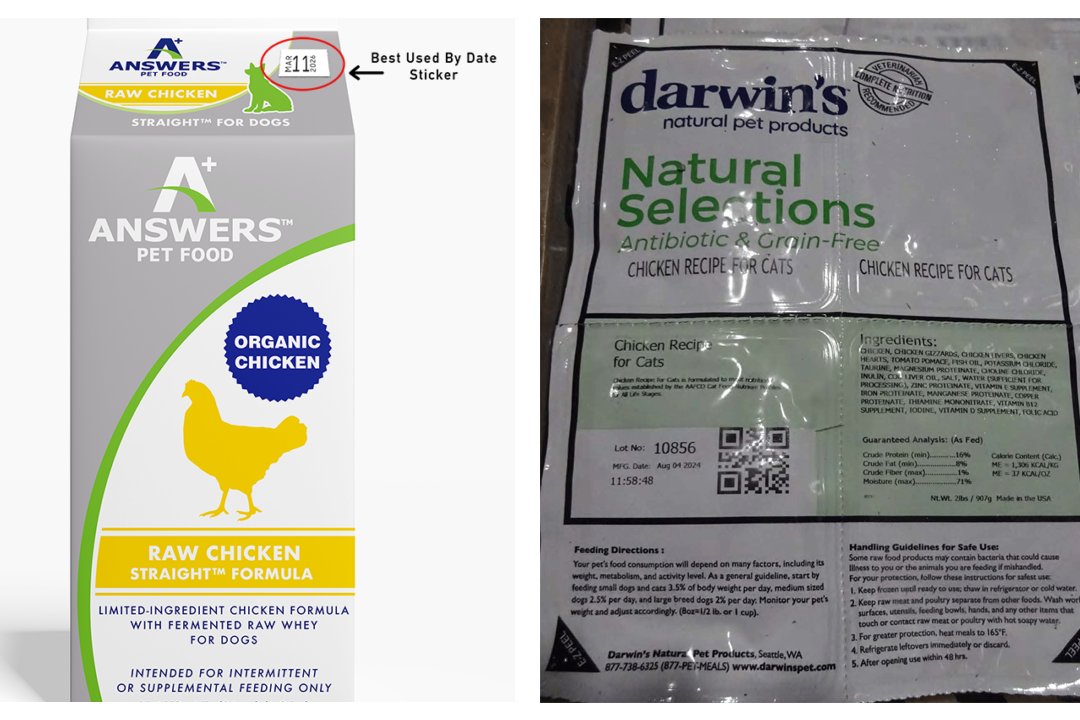 Answers Pet Food has voluntarily recalled its affected products, while Darwin's Natural Pet Products is still selling the products flagged by the FDA for salmonella and Listeria monocytogenes.