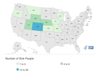 Colorado has the highest concentration of E. coli illnesses, followed by Utah, Wyoming, and Nebraska.