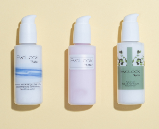 Aptar Beauty Evolock Cosmetic Pump Flat Lay Yellow Background