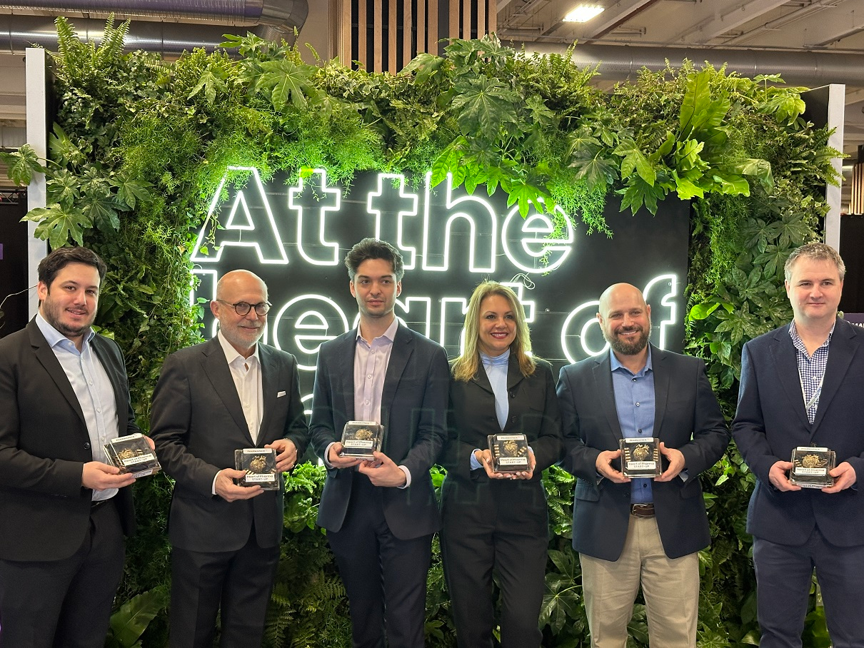 Heart of Pharma recipients [from left] Alexandre Cheikhi, Commercial Director at BeFC; Mauro Consonni from InnoMedica; Adam Rock, Strategic Alliances Manager at Pharma Latch; Nicole Ferrer, Director at Dr. Ferrer Biopharma; Brent Buchine, Co-Founder and CBO at Windgap Medical; and John Palmer-Felgate, Founder at Eco-Inject.