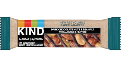 Kind Dark Chocolate, Nuts, & Sea Salt with Almonds & Peanuts, its more popular variety, now carries 'New Recyclable Paper Wrapper' on its label.