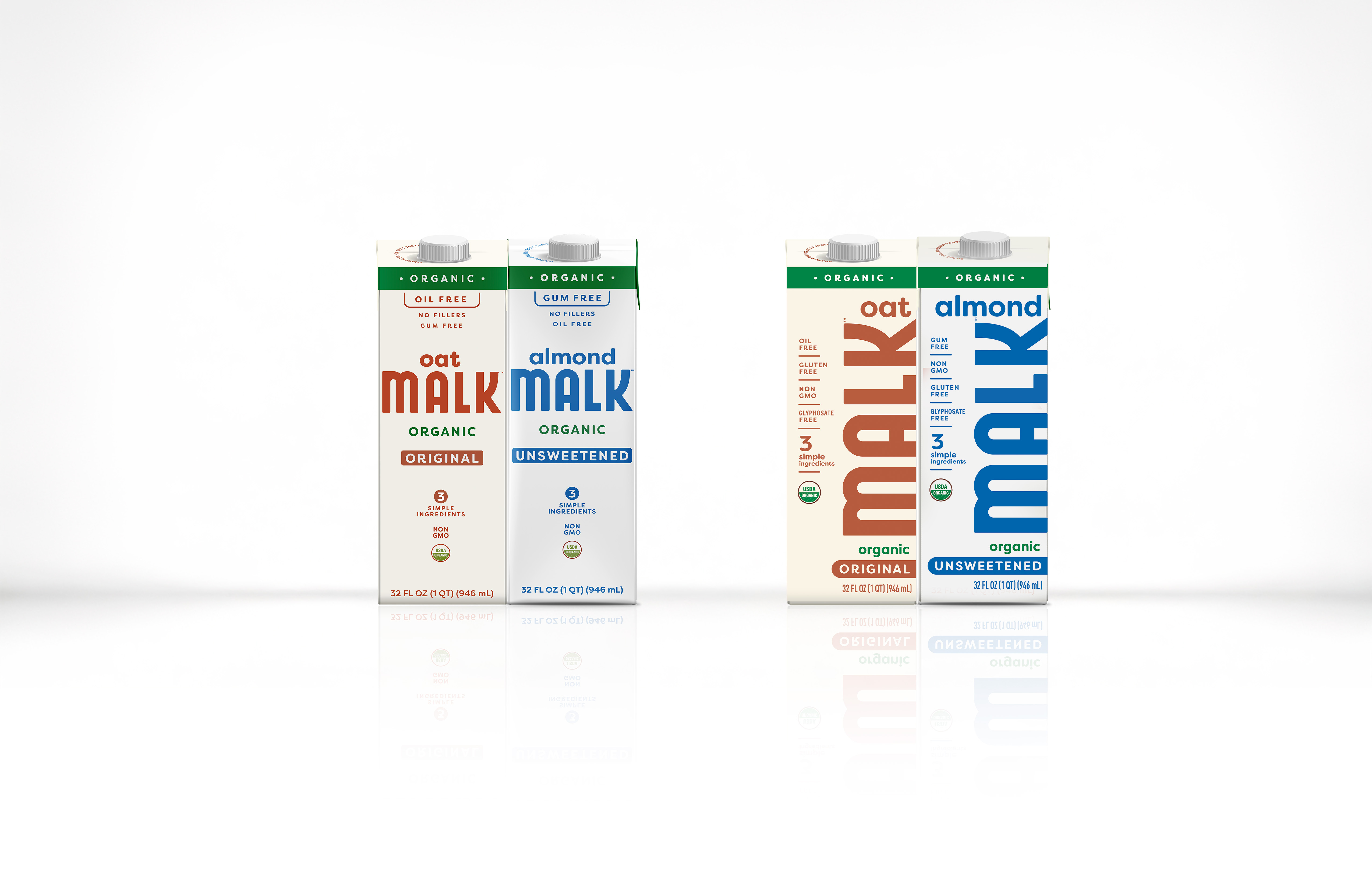 The above image shows Malk Organics' oat and almond milk product packaging before (left) and after (right) its redesign.