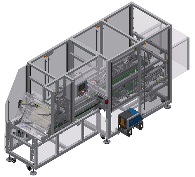 Industrial packaging machine with metal frame and transparent safety panels