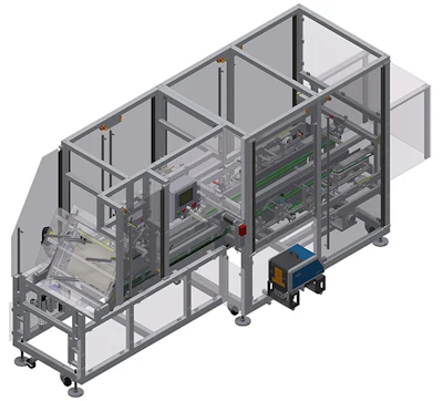 Industrial packaging machine with metal frame and transparent safety panels