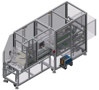 Industrial packaging machine with metal frame and transparent safety panels