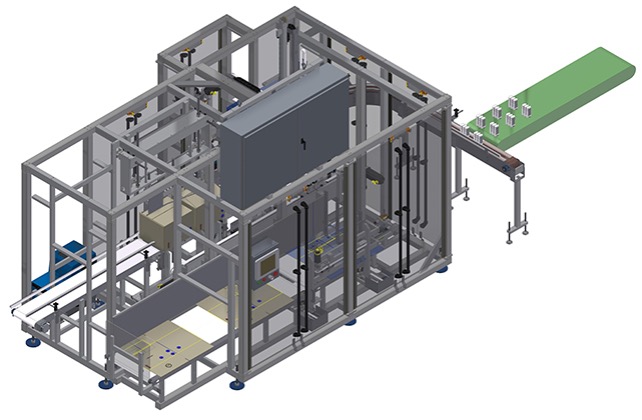 Industrial automated packaging machine with metal frame and green conveyor extension