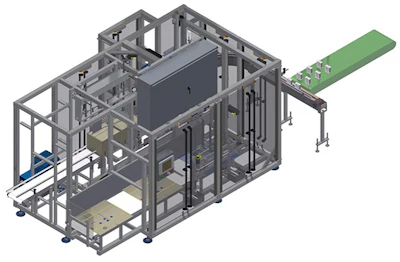 Industrial automated packaging machine with metal frame and green conveyor extension