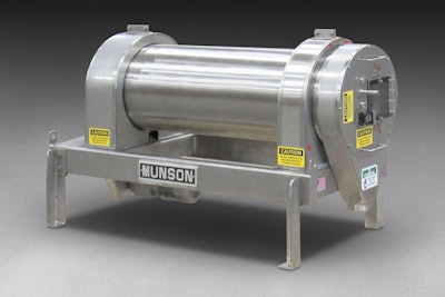 Munson Rotary Continuous Mixer features a stationary inlet and outlet, a rotating drum with smooth interior surfaces, and proprietary mixing flights that achieve uniformity rapidly at low cost.