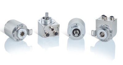 Industrial rotary encoders in metallic gray with multiple connector configurations