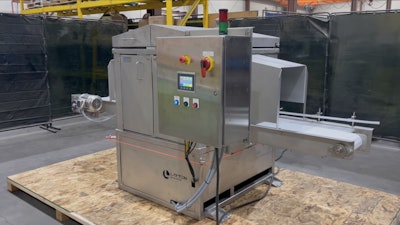 The Stainless Steel Box Crusher comes in two models, one with a powered feed and exit, and another that's unpowered.