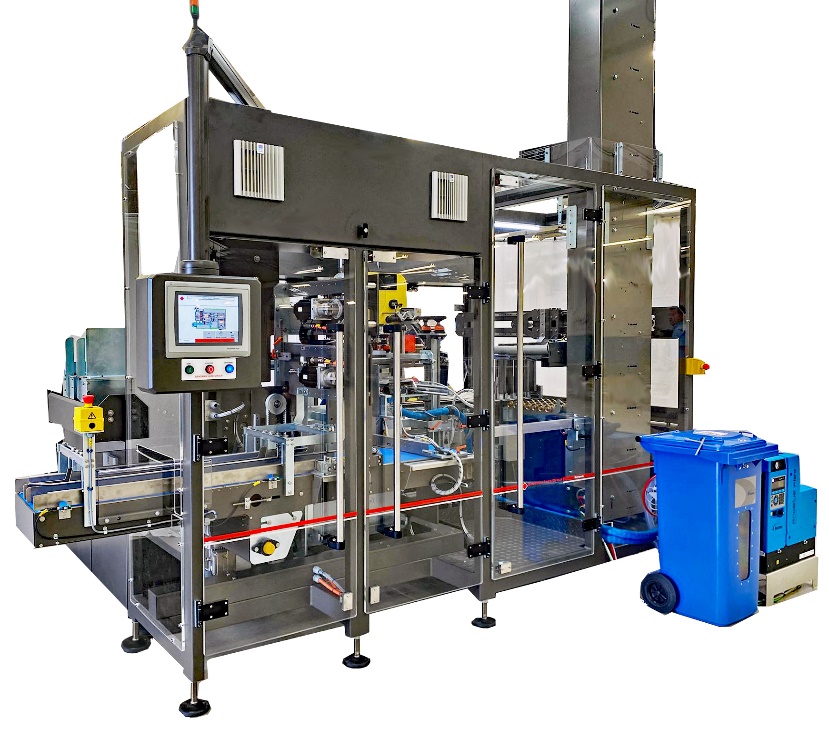 Automated industrial packaging machine with control panel and blue container