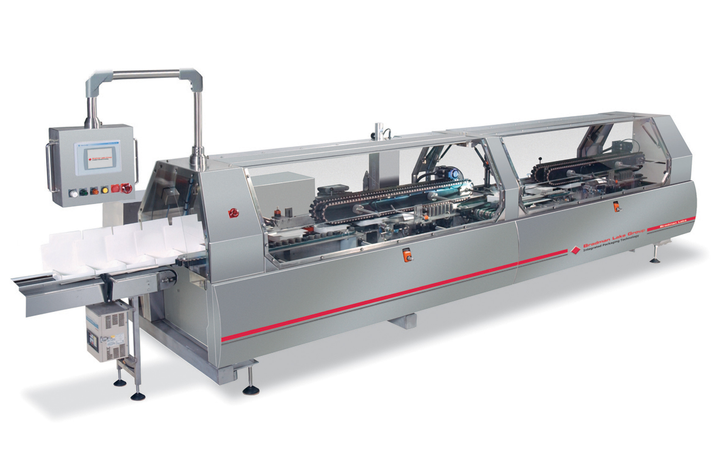 Automated industrial packaging machine with control panel and conveyor system