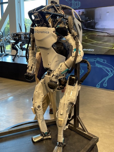 This is an early version of Boston Dynamics' Atlas robot that uses hydraulics (and continues to leak fluid). While we saw the updated version that is all electric and only for research, we were not allowed to photograph it.