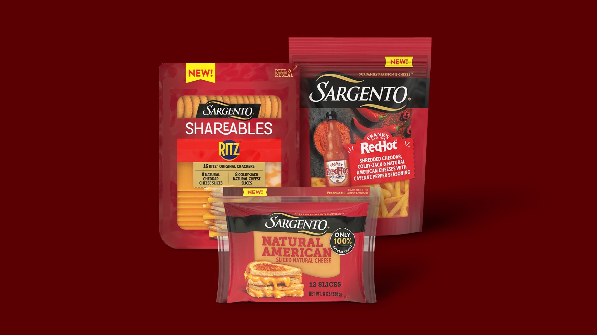 Sargento's three new innovations, Sargento Natural American Cheese, Sargento Seasoned Shredded Cheese, and Sargento Shareables.