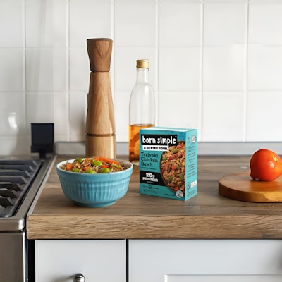 Born Simple’s Terriyaki Chicken Bowl is packaged in a six-layer Tetra Pak retortable carton: four polypropylene layers, one aluminum barrier, and paperboard making up nearly 70% of the structure.