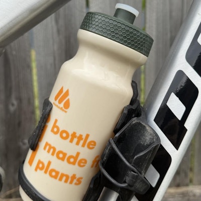 The water bottle is manufactured from 95% bio-based plastic derived from sugarcane and 5% non-bio additives.