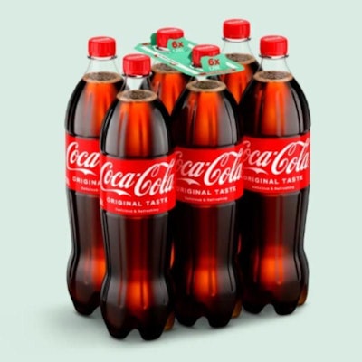 Instead of shrink film, the bottles are held together using strategically placed adhesive dots, paired with a recyclable cardboard handle for carrying.