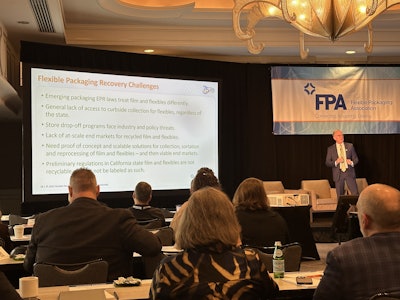 Dan Felton, FPA president and CEO, outlines the recovery challenges facing flexible packaging—including limited curbside access and lack of end markets—during the association’s 2025 State of the Industry presentation.