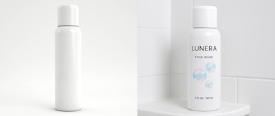 From plain pack stock image (left) to a (hypothetical) branded prototype, shown in context on a shower shelf (right), AI artwork and context images now take minutes, not weeks.
