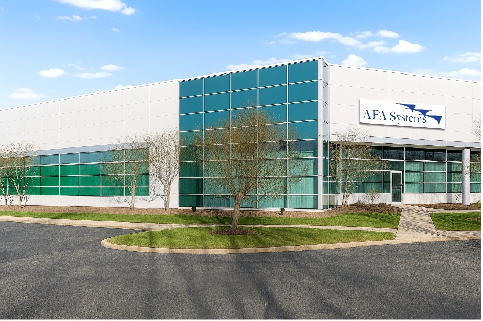 AFA Systems corporate headquarters with blue logo on modern glass building exterior