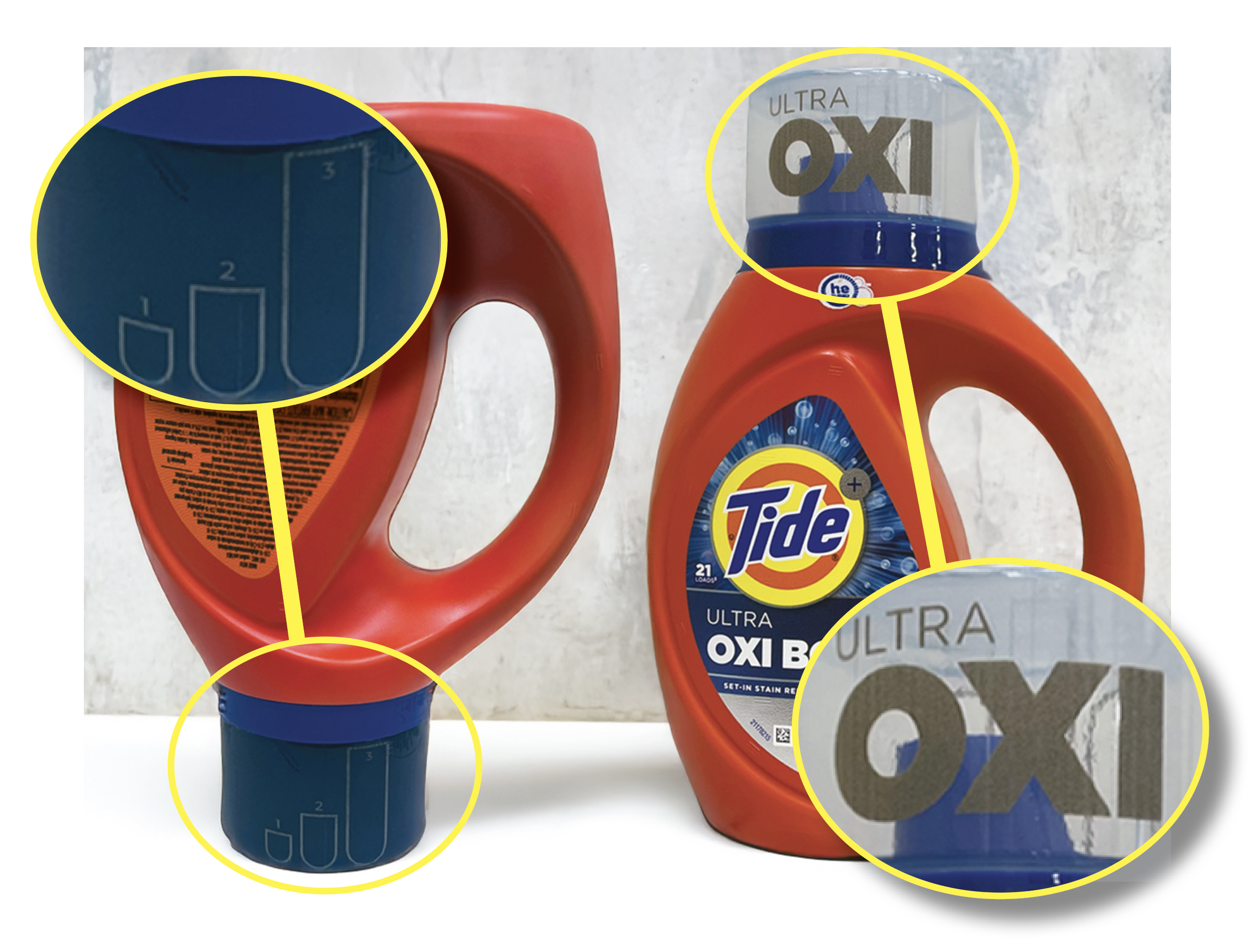 Tide&rsquo;s polypropylene caps undergo LaserSharp marking on two sides. On the left, we see an inverted bottle where Tide&rsquo;s blue detergent is completely filling the dosing cap. Fill-level guidelines are visible both when detergent is in the cap as pictured, and when the cap is empty. On the upper right, we see the OXI logo on the other side of the cap. This branding/logo was also marked on the cap in the LaserSharp process.