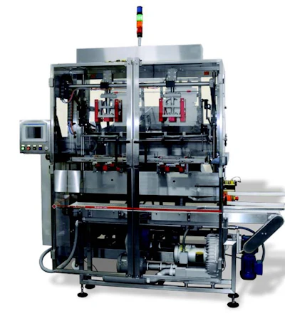 Automated industrial packaging machine with control panel and multicolored status lights